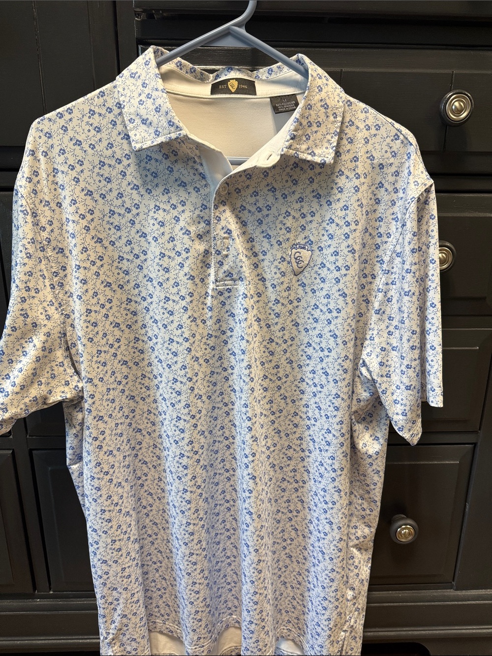 Men's Blue Floral Polo Shirt - Branded Crest Detail